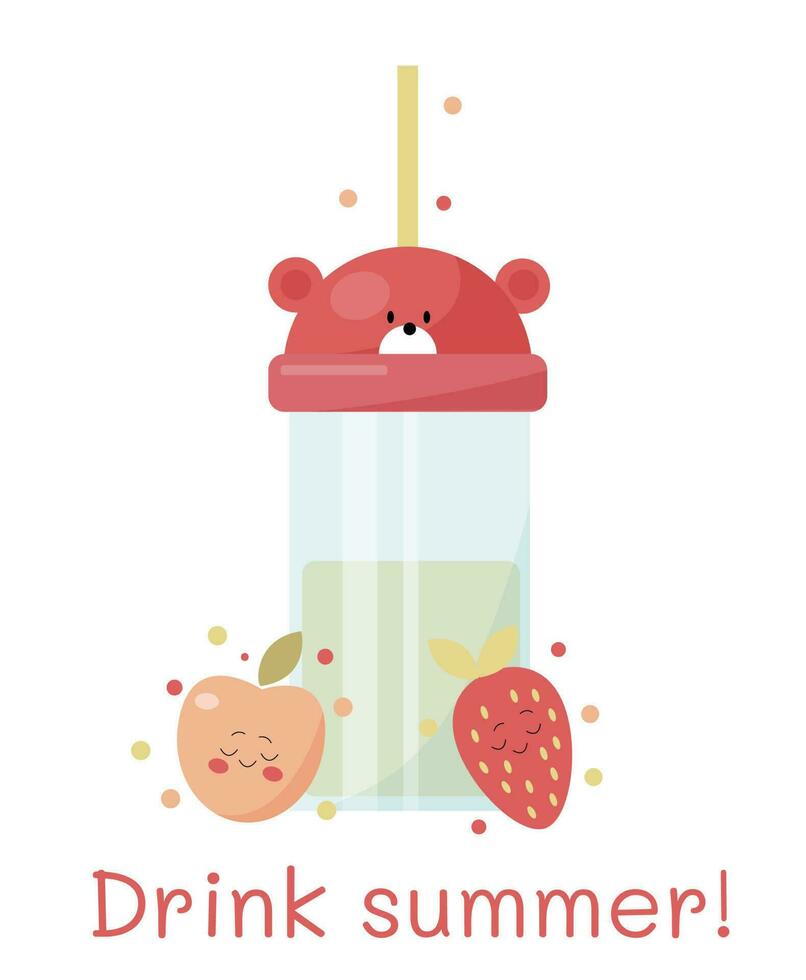 vector cartoon funny kids bottle with a bear design and cute strawberry and peach