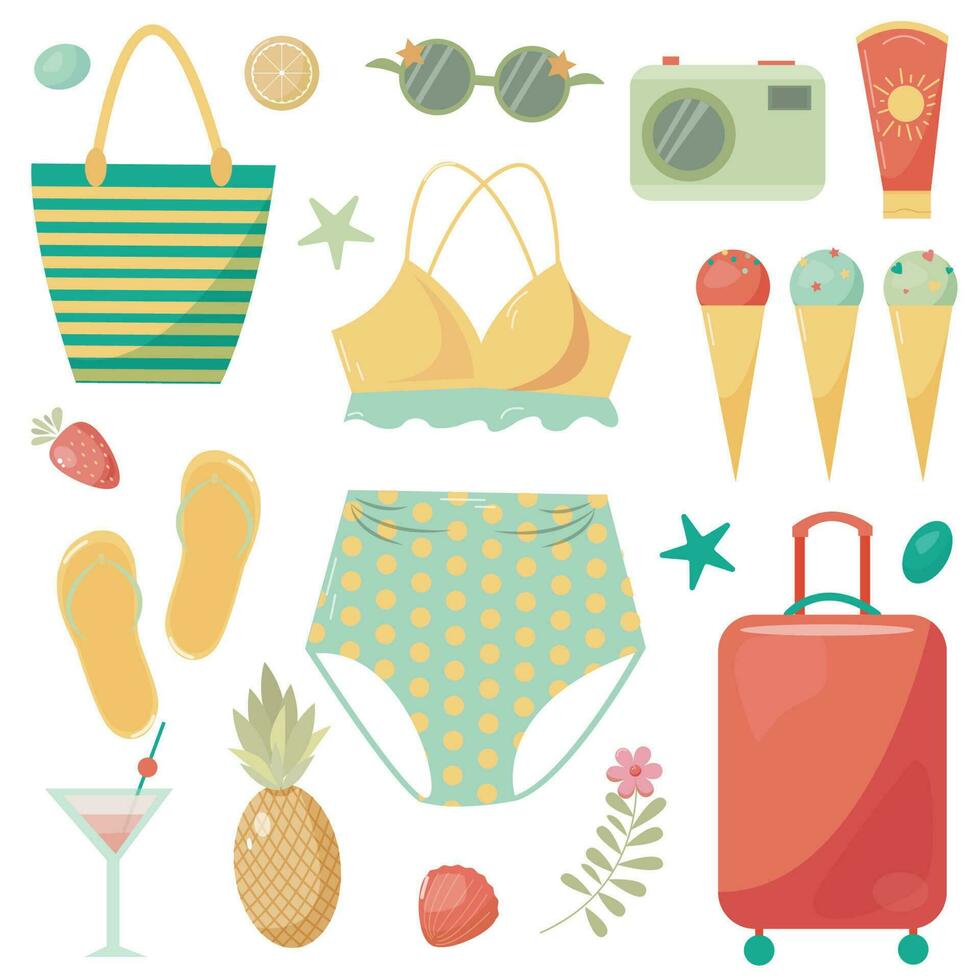 vector summer set with cute swimsuit and a lot of accessories, beach bag, sun glasses, cocktail, ice cream and fruits