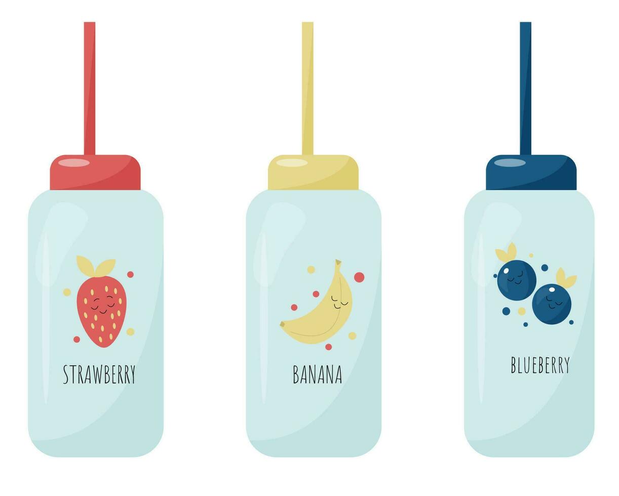 vector set with cute kids bottles for drinks with pretty design - strawberry, peach, banana