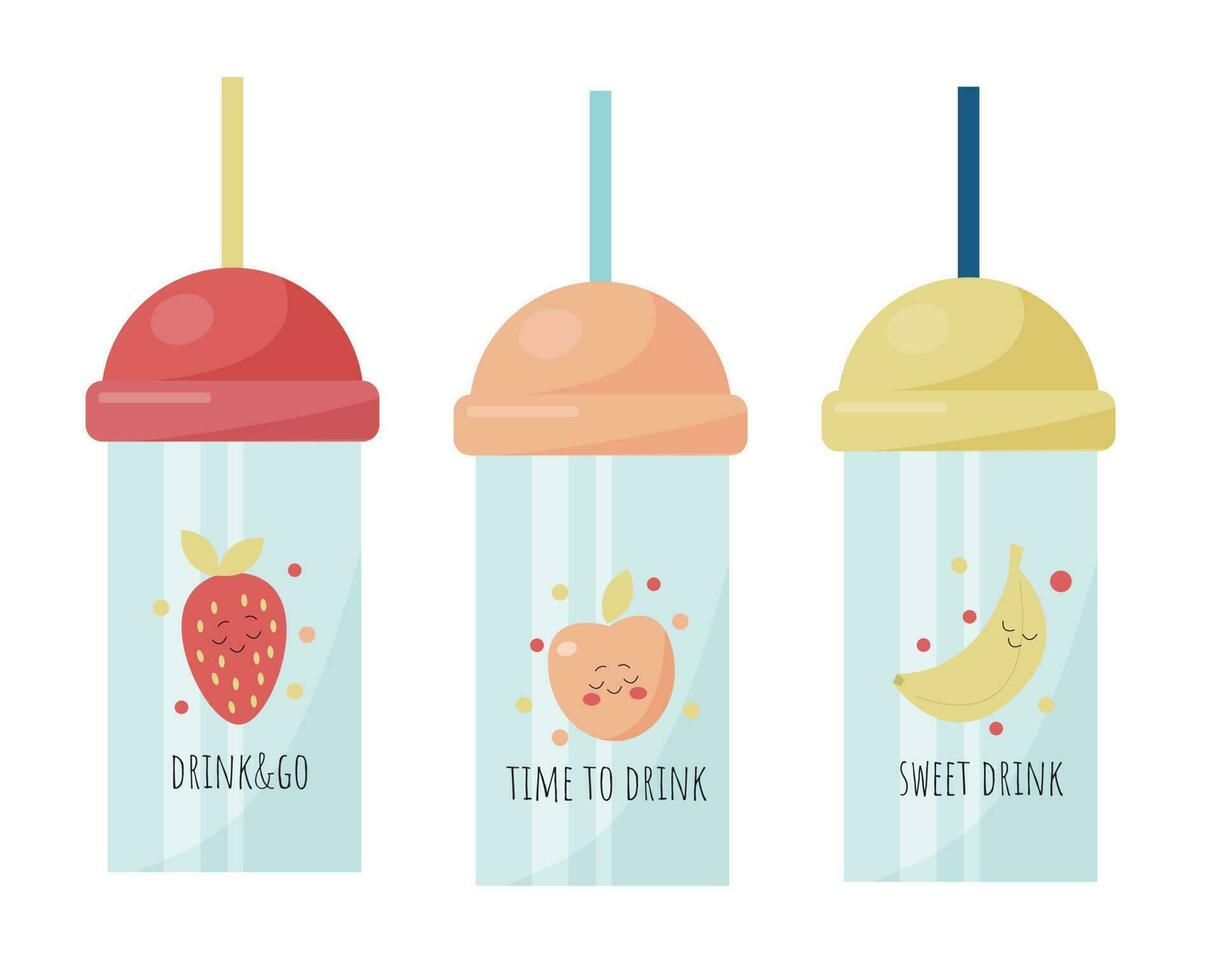 vector set with cute kids bottles for drinks with funny design - strawberry, peach, banana