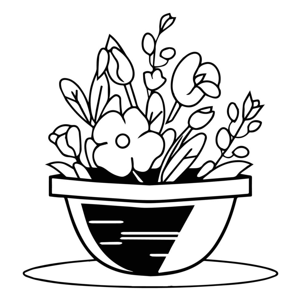 Hand Drawn bouquet of flowers in a pot in doodle style vector