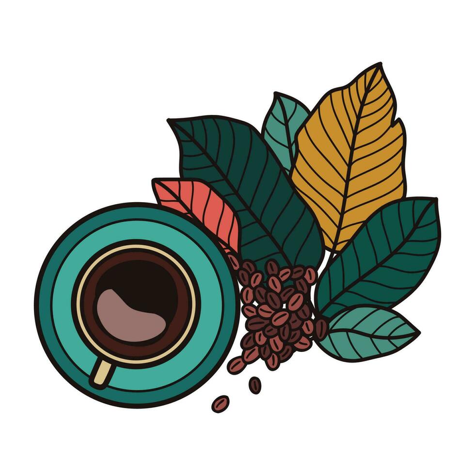 Hand Drawn cup of hot coffee from the top view in doodle style vector