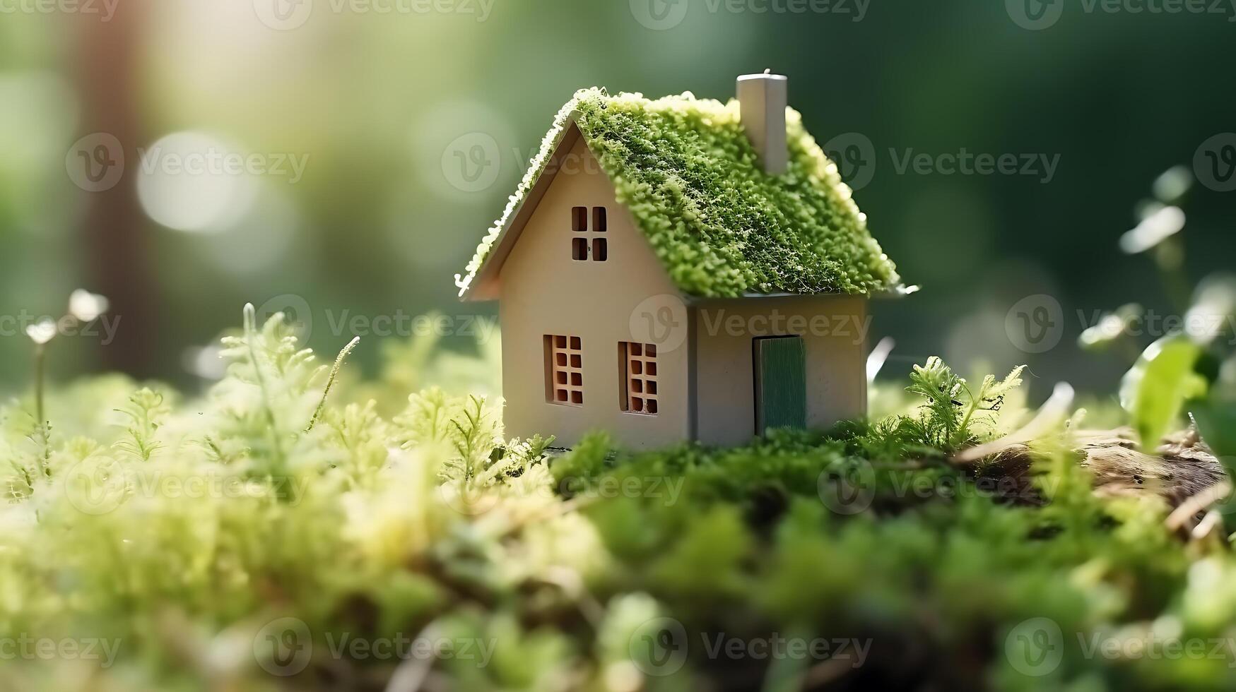 verde y ambientalmente simpático alojamiento concepto, miniatura de madera casa en primavera césped, eco concepto, generativo ai tecnología foto