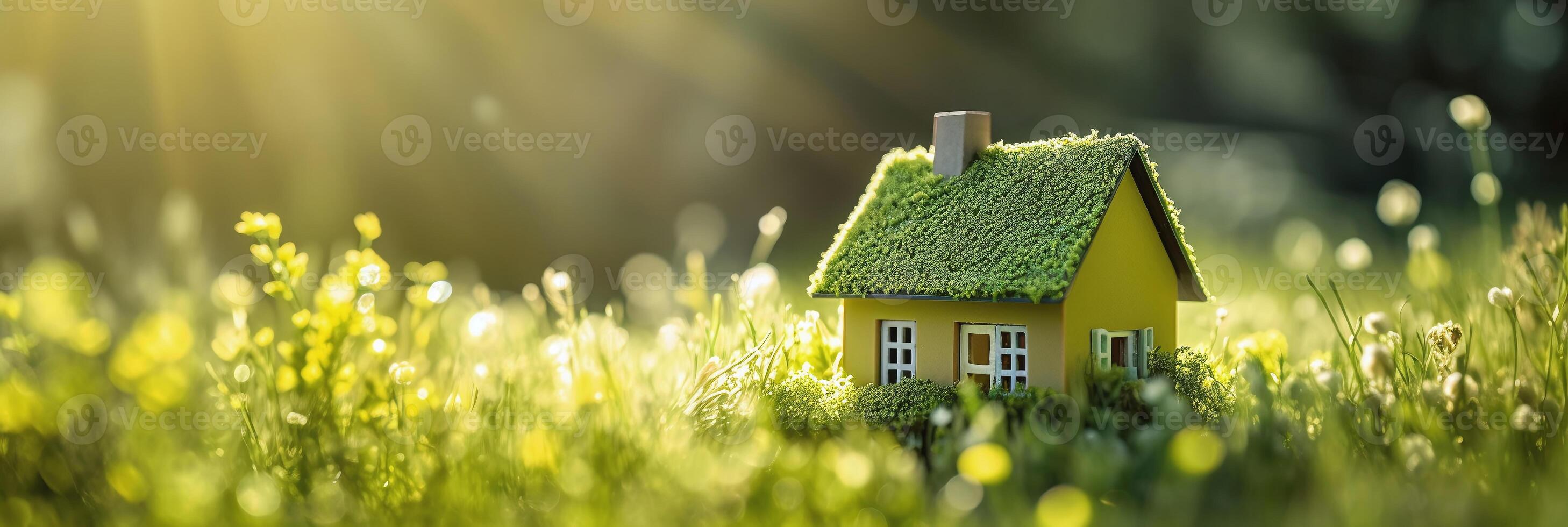 verde y ambientalmente simpático alojamiento concepto, miniatura de madera casa en primavera césped, eco concepto, generativo ai tecnología foto