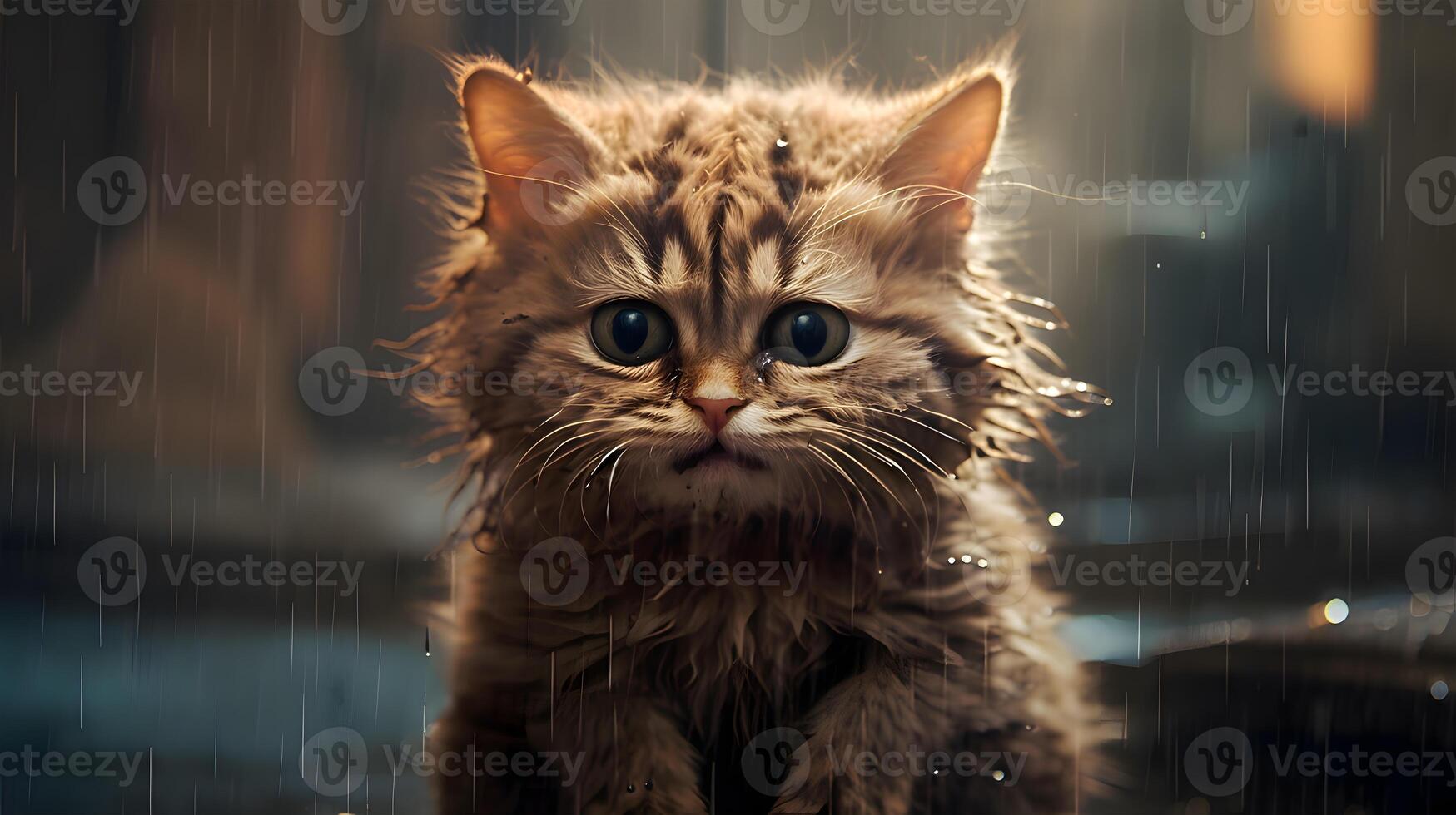 Sad cat crying expression at night raining day created using Technology photo