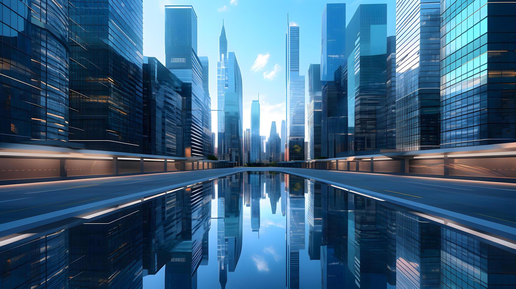 Reflective skyscrapers, business office buildings, business concept, Technology photo