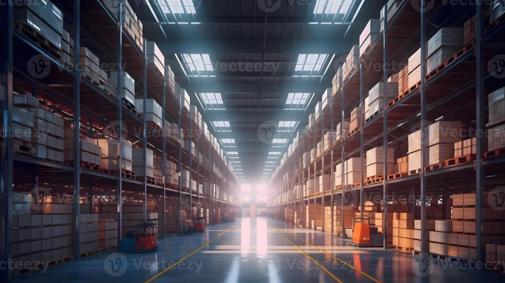 Huge distribution warehouse with high shelves, business office buildings concept, Technology photo