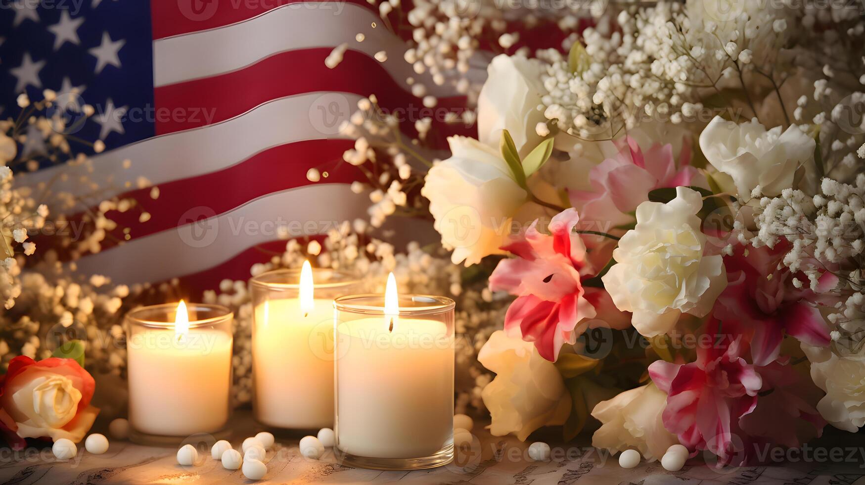 Burning candle, USA flag and flower for National Day of Prayer and Remembrance, created using Technology photo