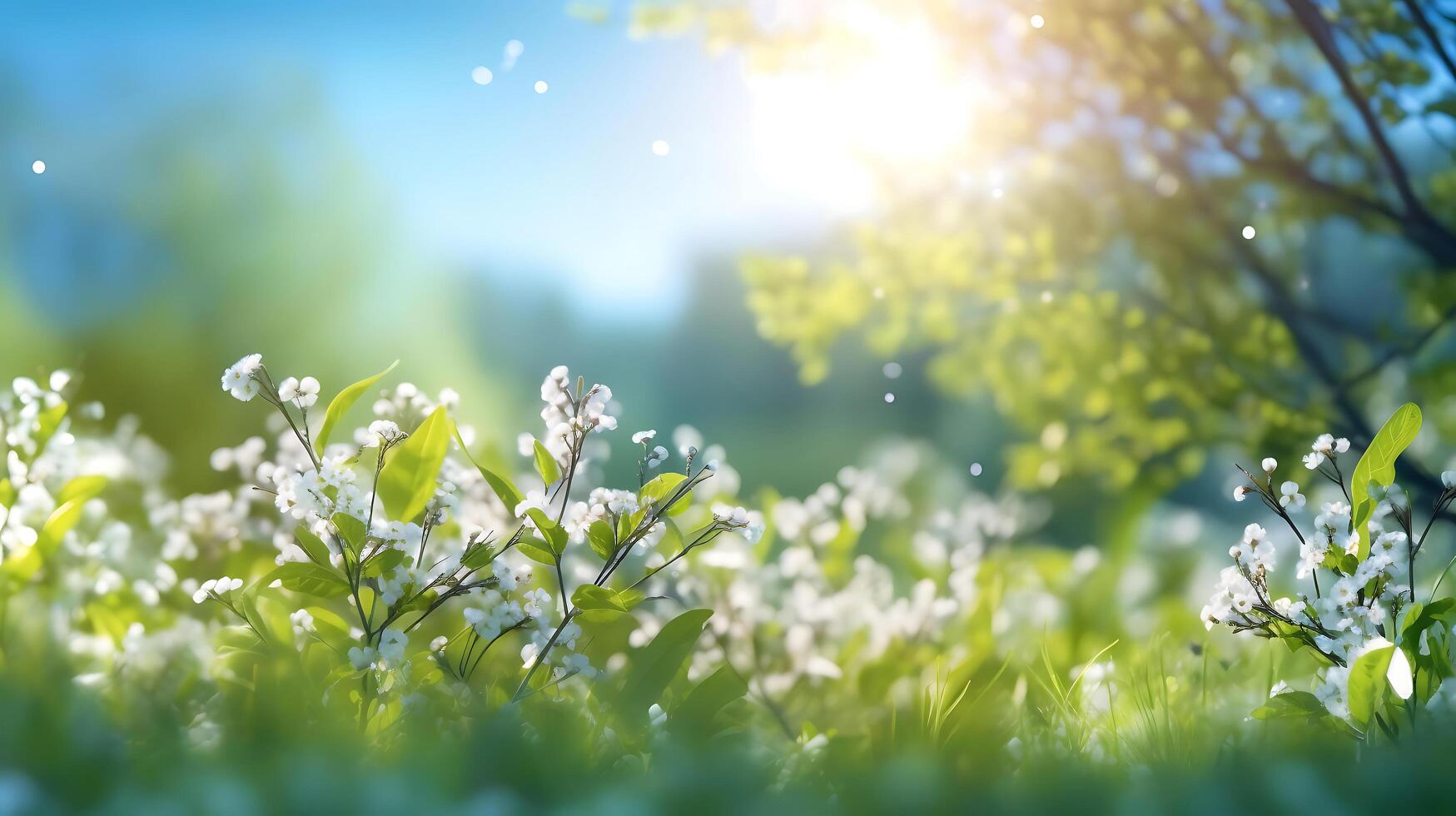 Blurred spring background nature with blooming glade, Technology photo