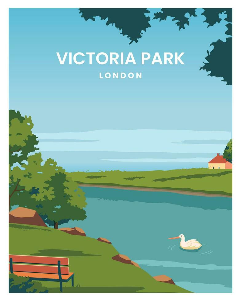 travel poster in victoria park london. landscape background with colored style vector