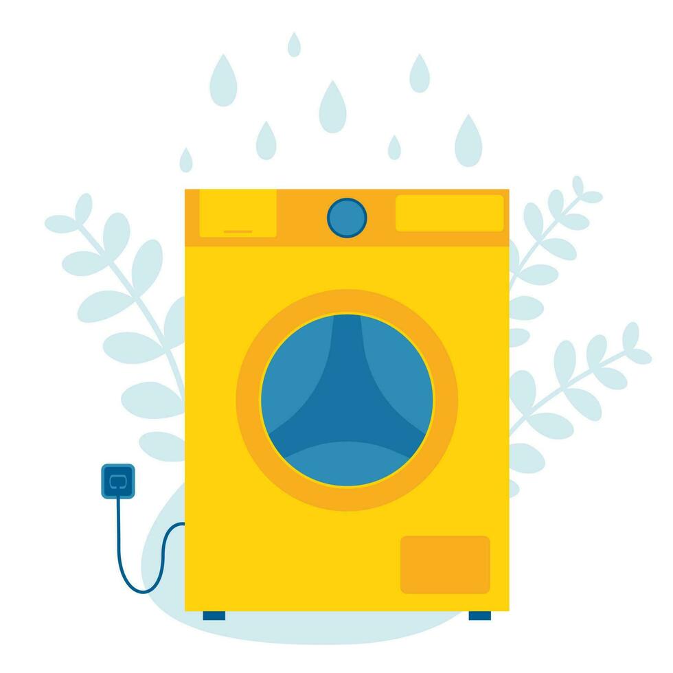 Flat illustration of washing machine. Washing machine vector isolated icon. Washing machine and flora background.