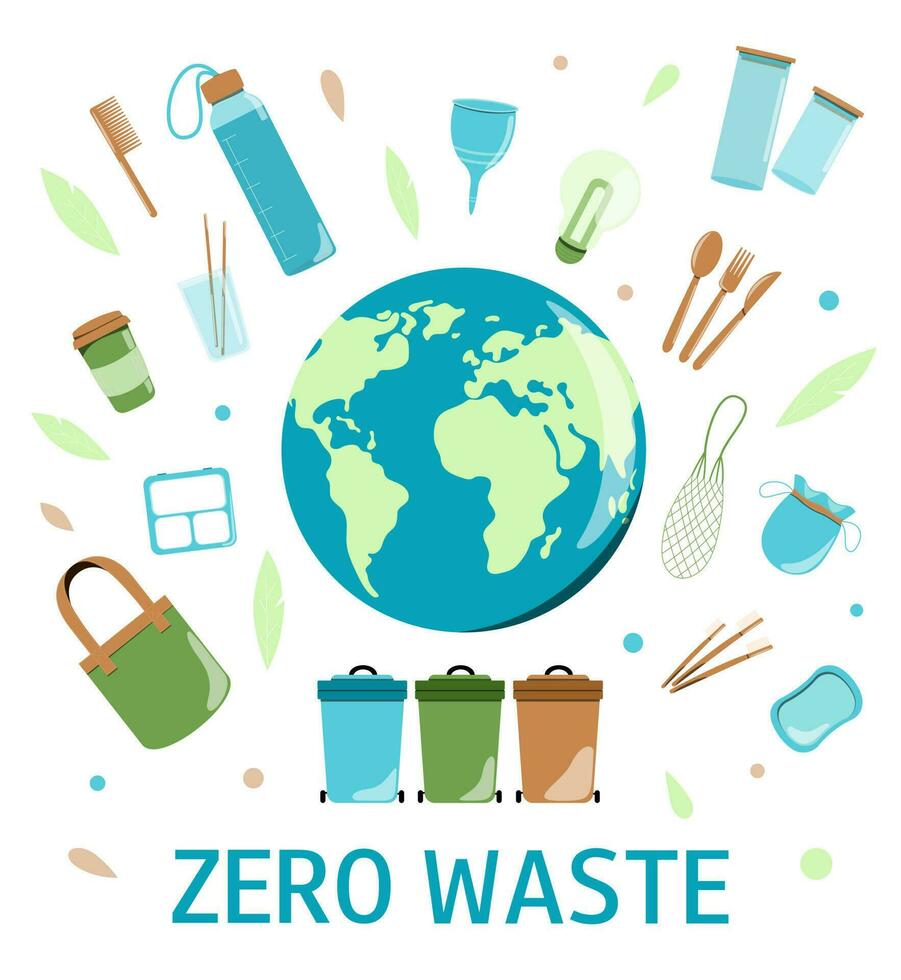 Save Earth. Zero waste reusable items - fabric bag, purse, container, water bottle, cup, glass jars, eco bag, thermo mug, wooden cutlery, toothbrush, menstrual cup, green light bulb. vector