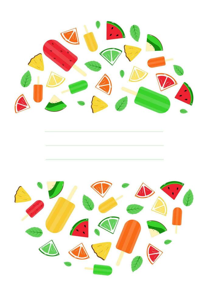 Illustration of colorful summer background with fruits and ice cream. Juicy background for note, scrapbooking, card, flyer, banner. vector