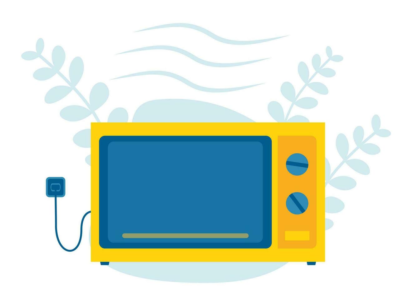 Flat illustration of microwave. Microwave oven vector isolated icon. Microwave oven and flora background.