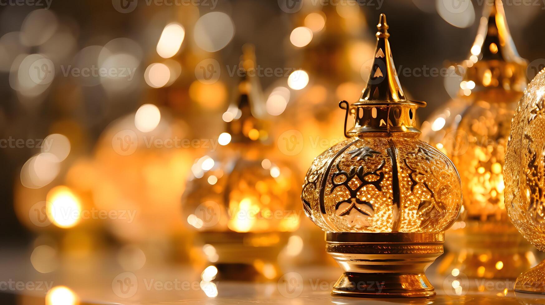 Ornamental Arabic lantern at night. Festive greeting card, invitation for Muslim holy month Ramadan Kareem, eid al adha, created using Technology photo