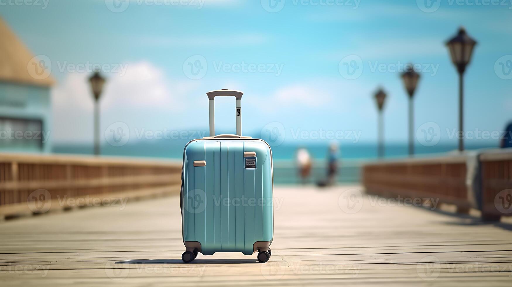 Suitcase with blurred beach background. Business travel concept, Technology photo