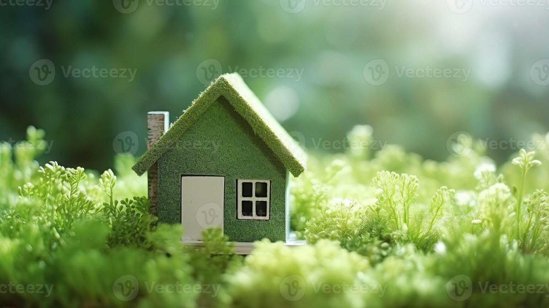 verde y ambientalmente simpático alojamiento concepto, miniatura de madera casa en primavera césped, eco concepto, generativo ai tecnología foto