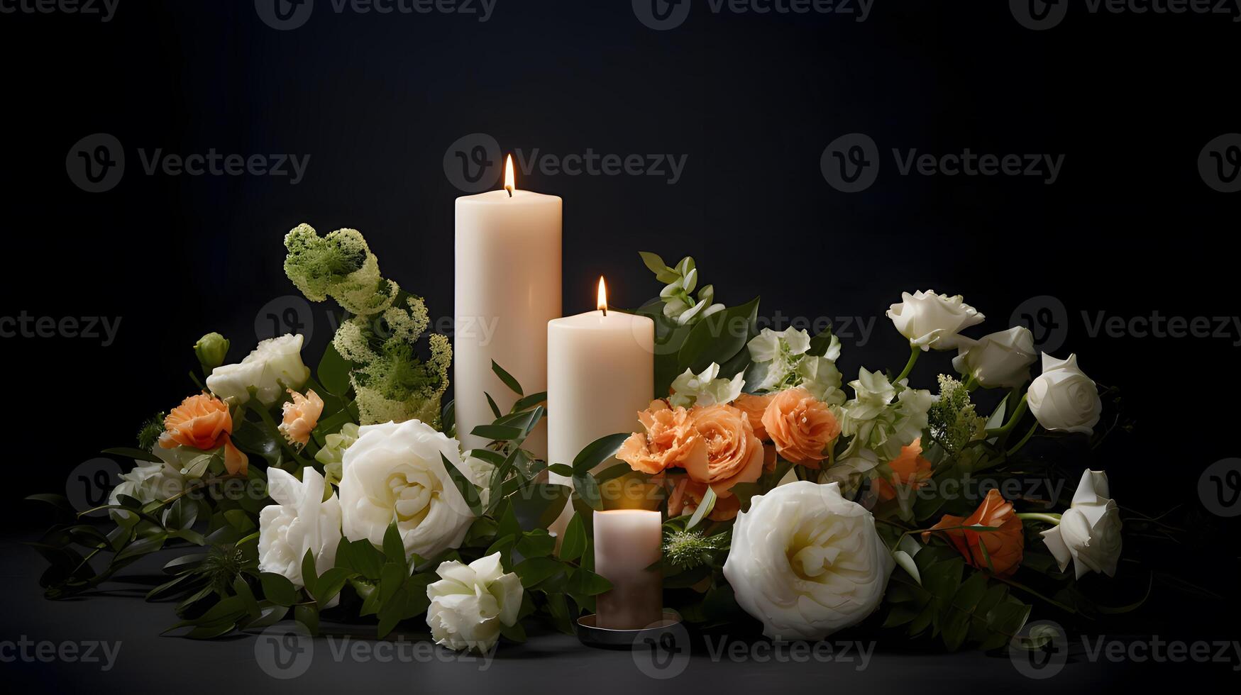 Burning candle and flower on dark background, created using Technology photo