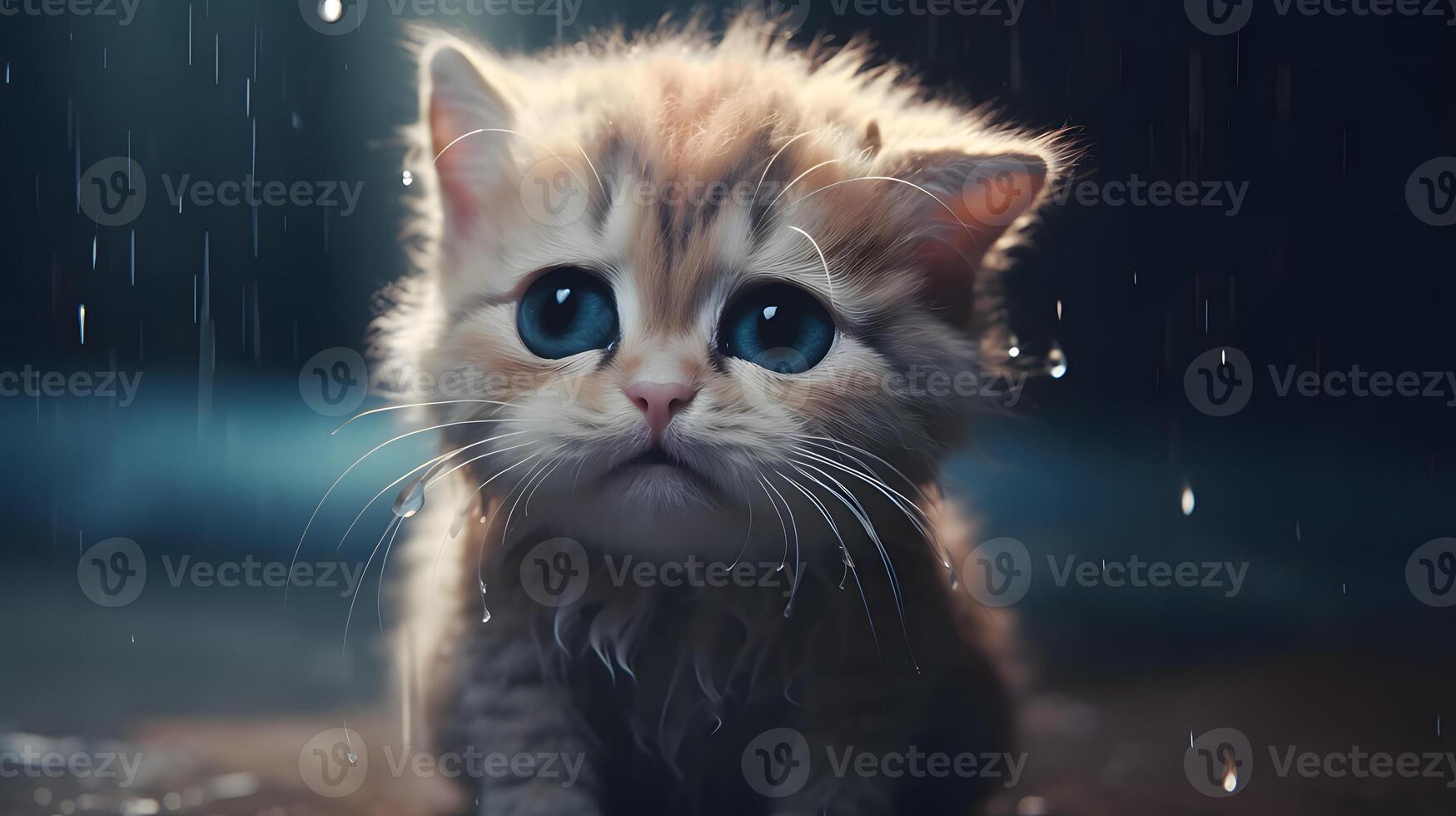 Sad cat crying expression at night raining day created using Technology photo