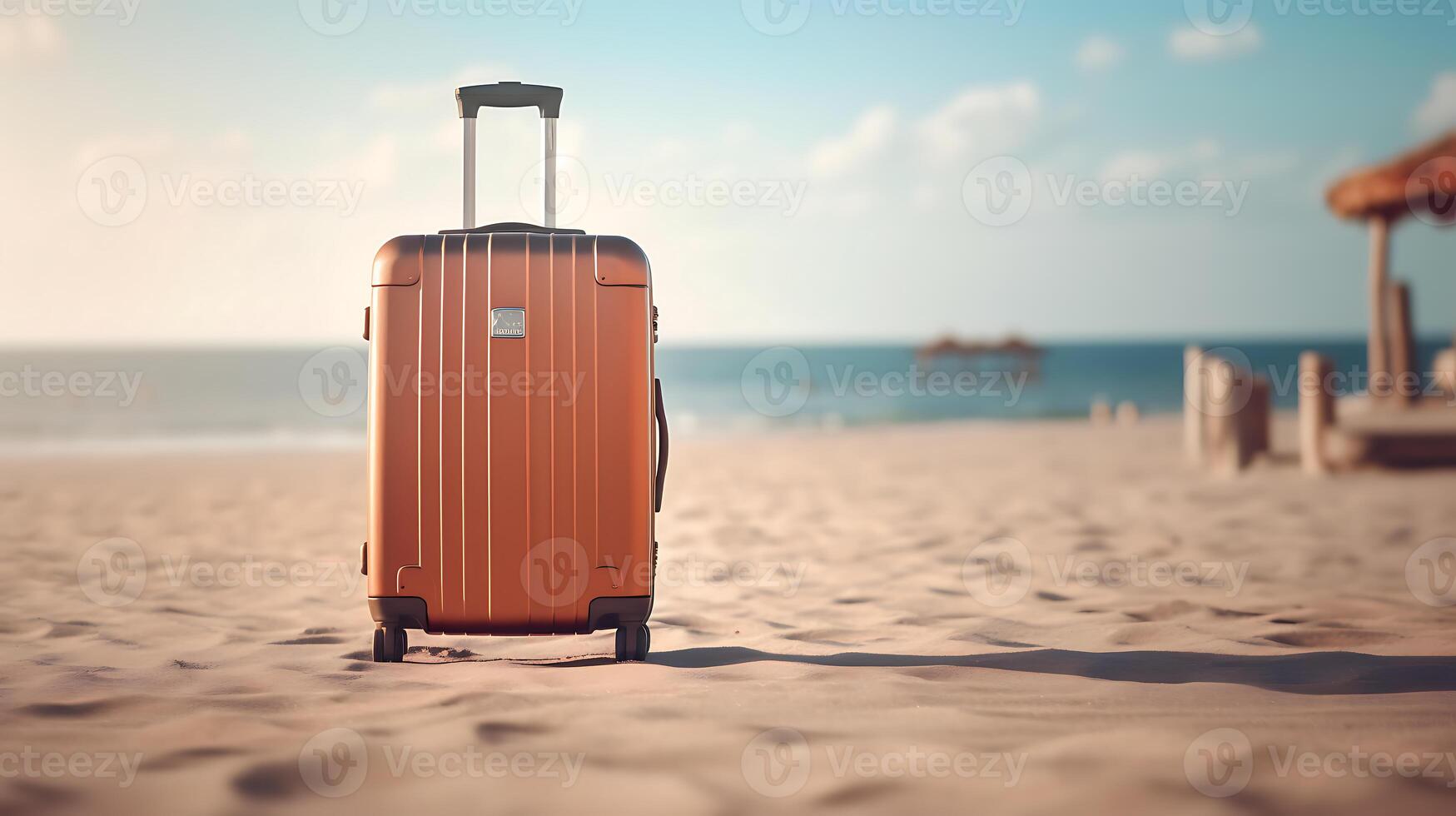 Suitcase with blurred beach background. Business travel concept, Generative AI Technology photo