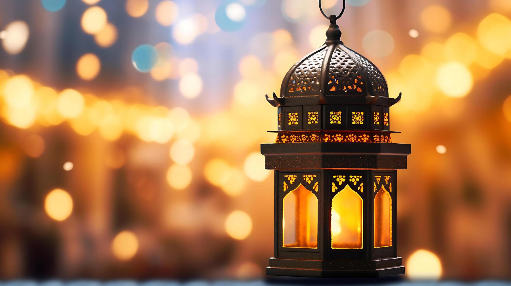 Ornamental Arabic lantern at night. Festive greeting card, invitation for Muslim holy month Ramadan Kareem, eid al adha, created using Technology photo