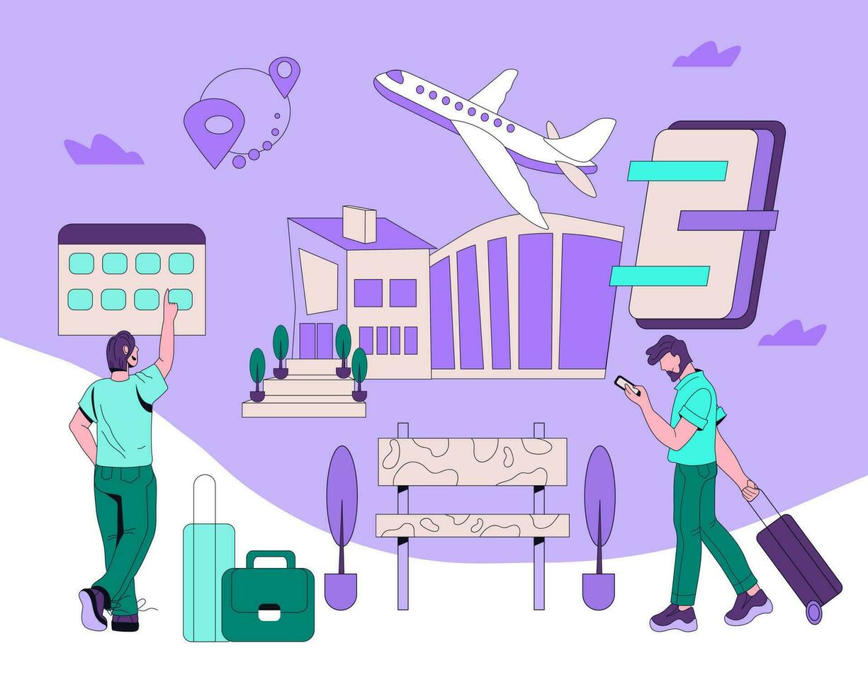 People waiting for flight in airport terminal, checking online a time of departure and booking tickets. Aircraft transport and traveling on plane background, cartoon flat vector illustration.