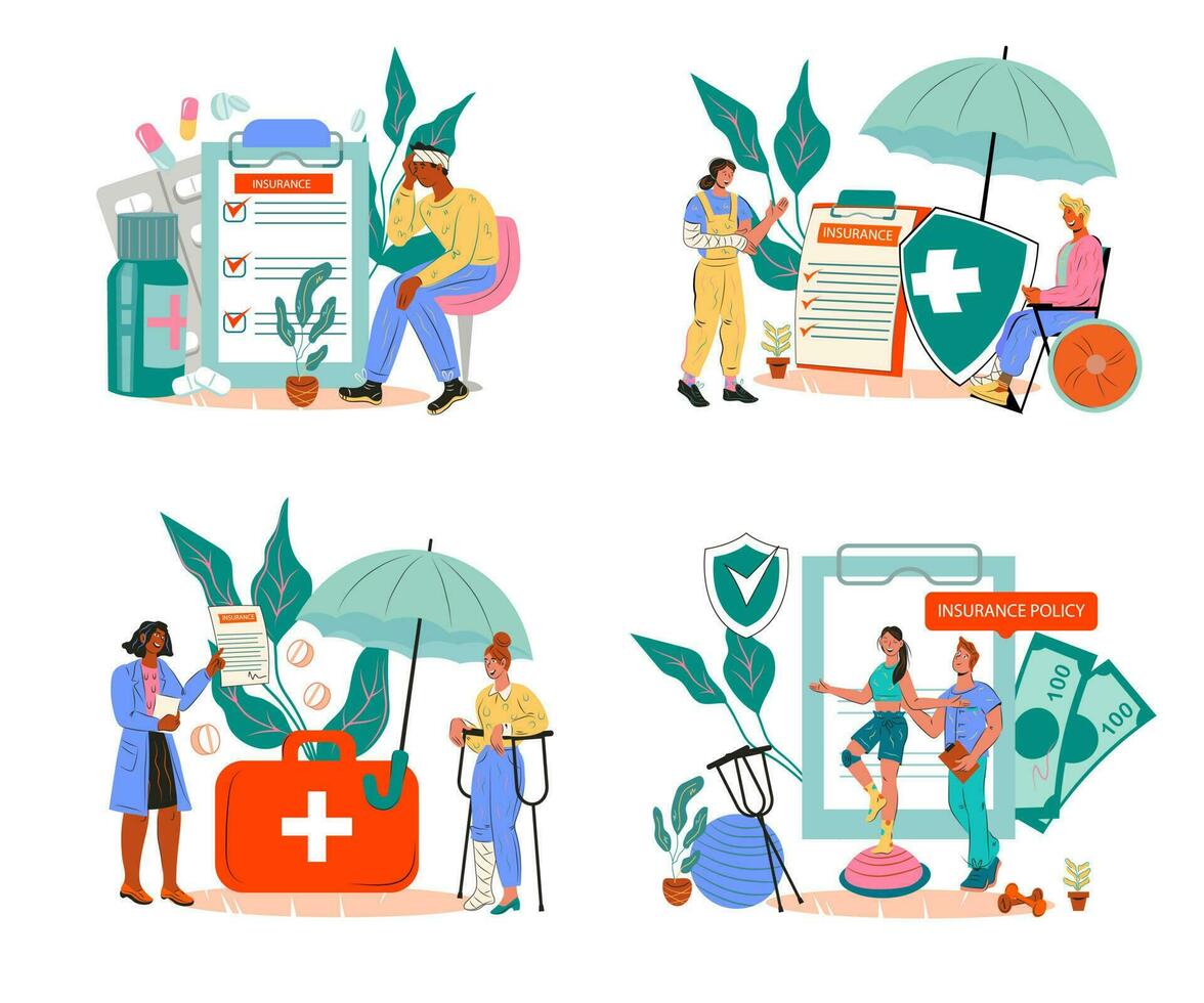 Set of banners for medical health insurance in case of trauma and injury healthcare concept. Covering of medical costs of rehabilitation, treatment and medications, flat vector illustration isolated.