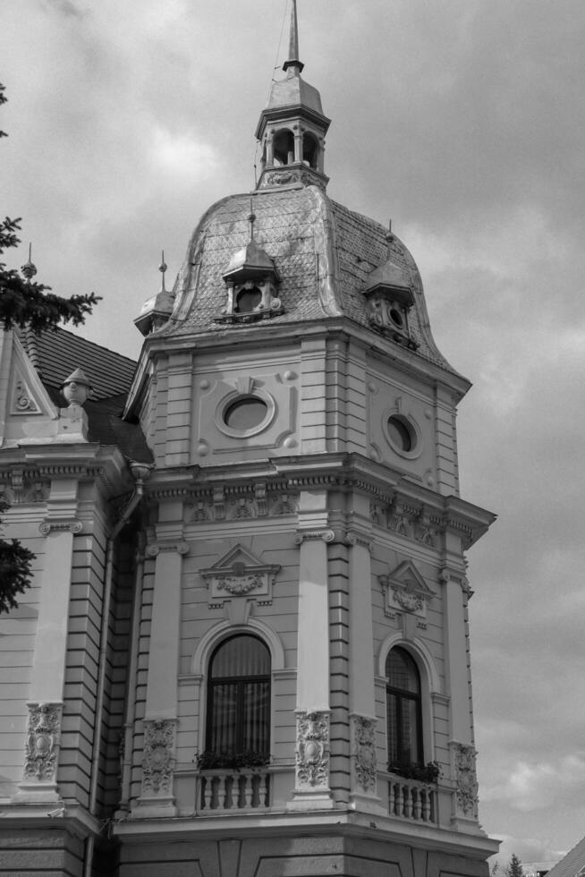 el arquitectura y el detalles en un edificio en brasov , Rumania . esta imagen es hecho en negro y blanco. foto