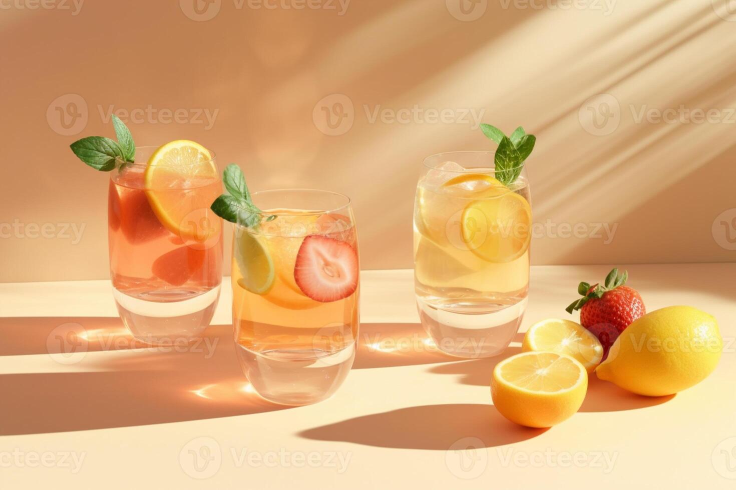 Summer cocktail in the sun. Fresh juicy drink in glass with shadow make trendy pattern on gray background. photo