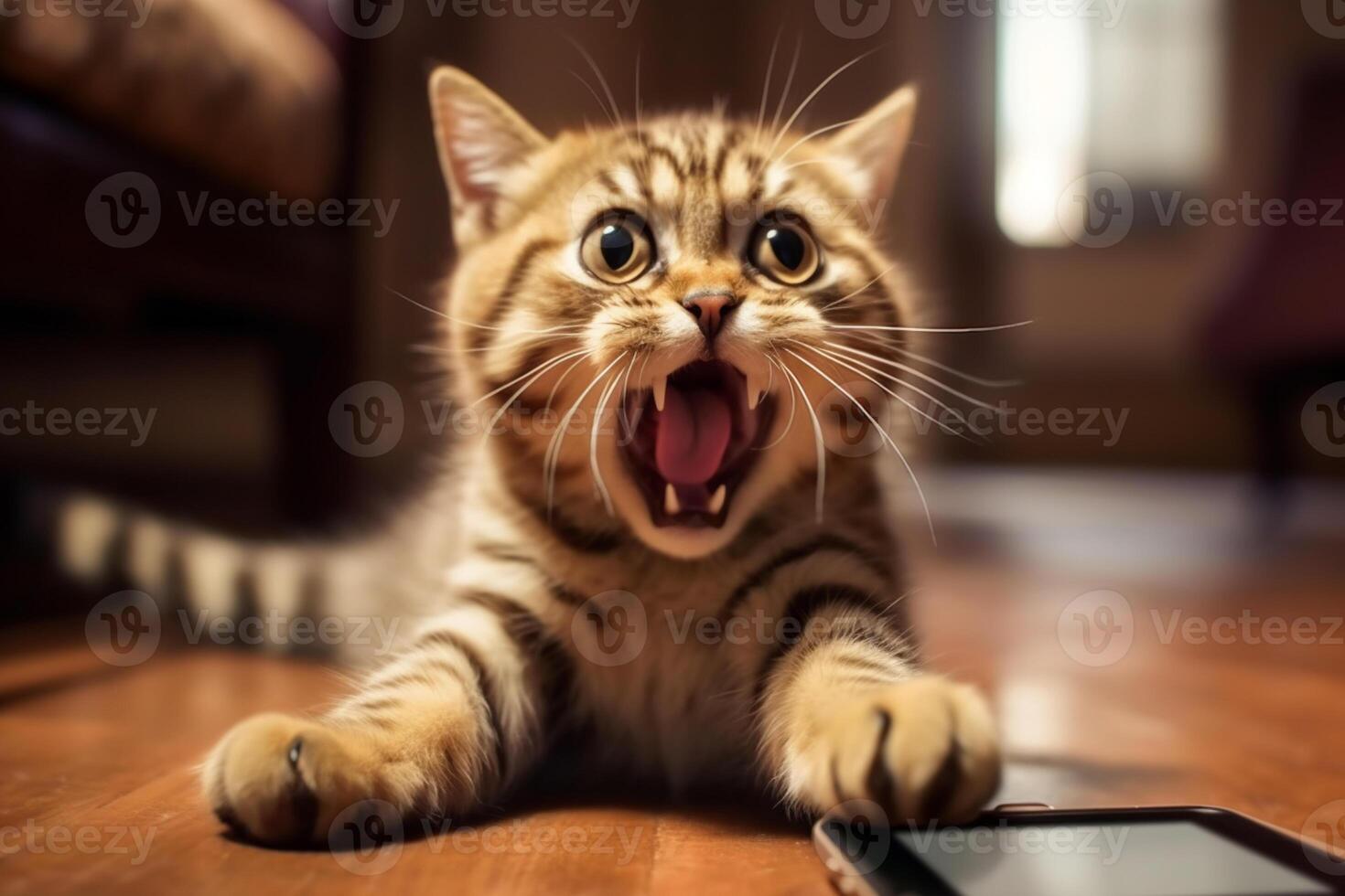 Glamorous female cat is using mobile phone and screaming with joy and happiness. photo