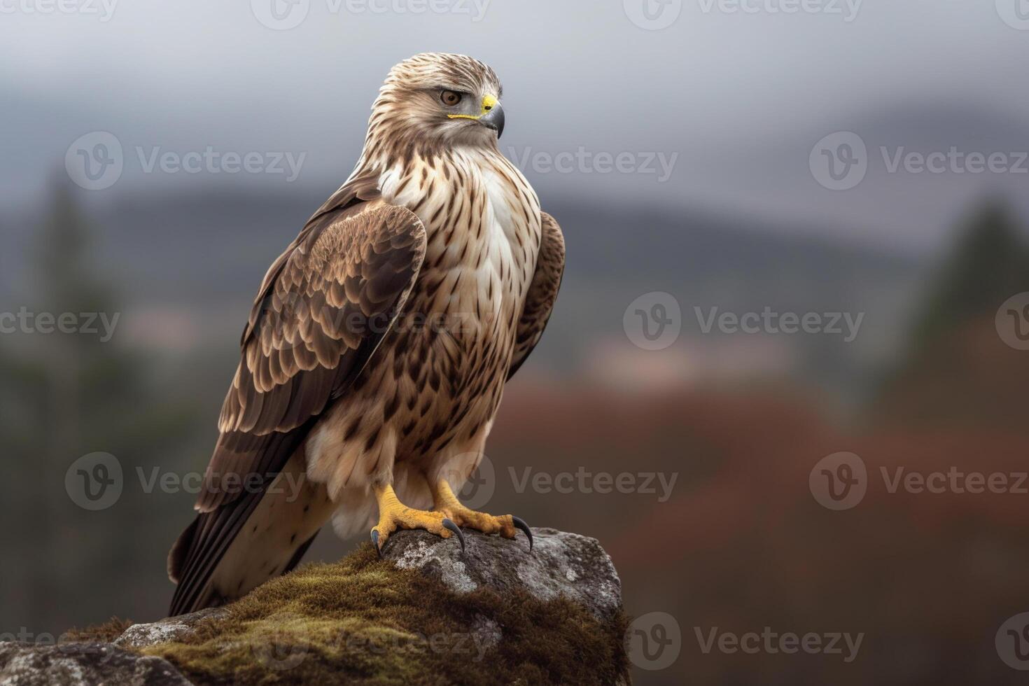 An eagle perched on a mountain rock. photo