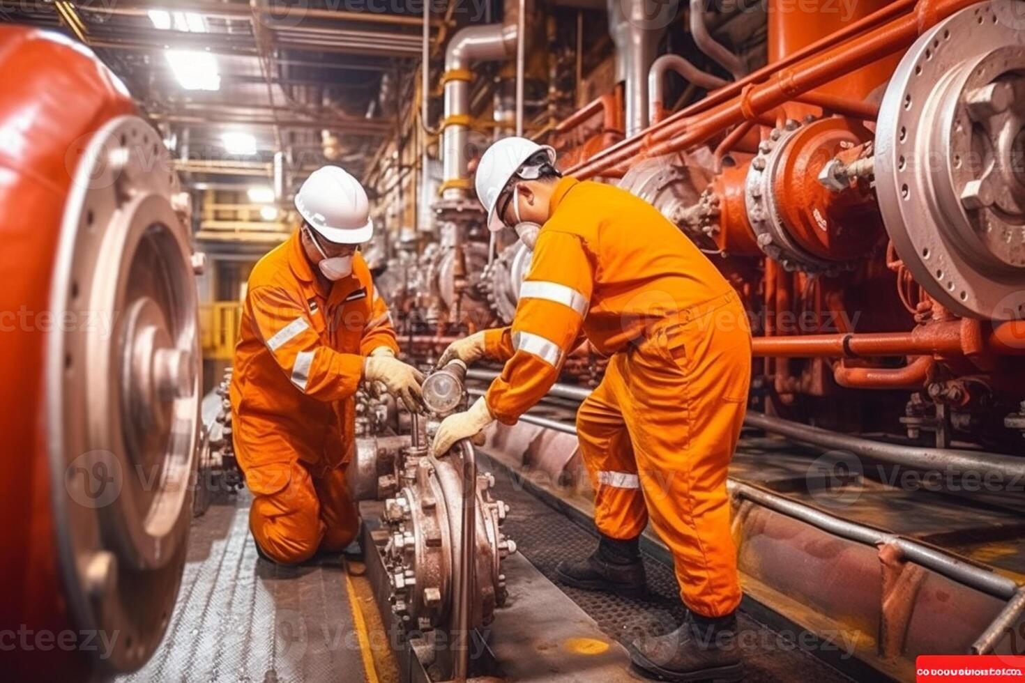 ingenieros verificar trabajando estado en instalaciones, industrial zona acero tubería y válvulas, ingenieros mantener químico tubería equipo, generativo ai foto