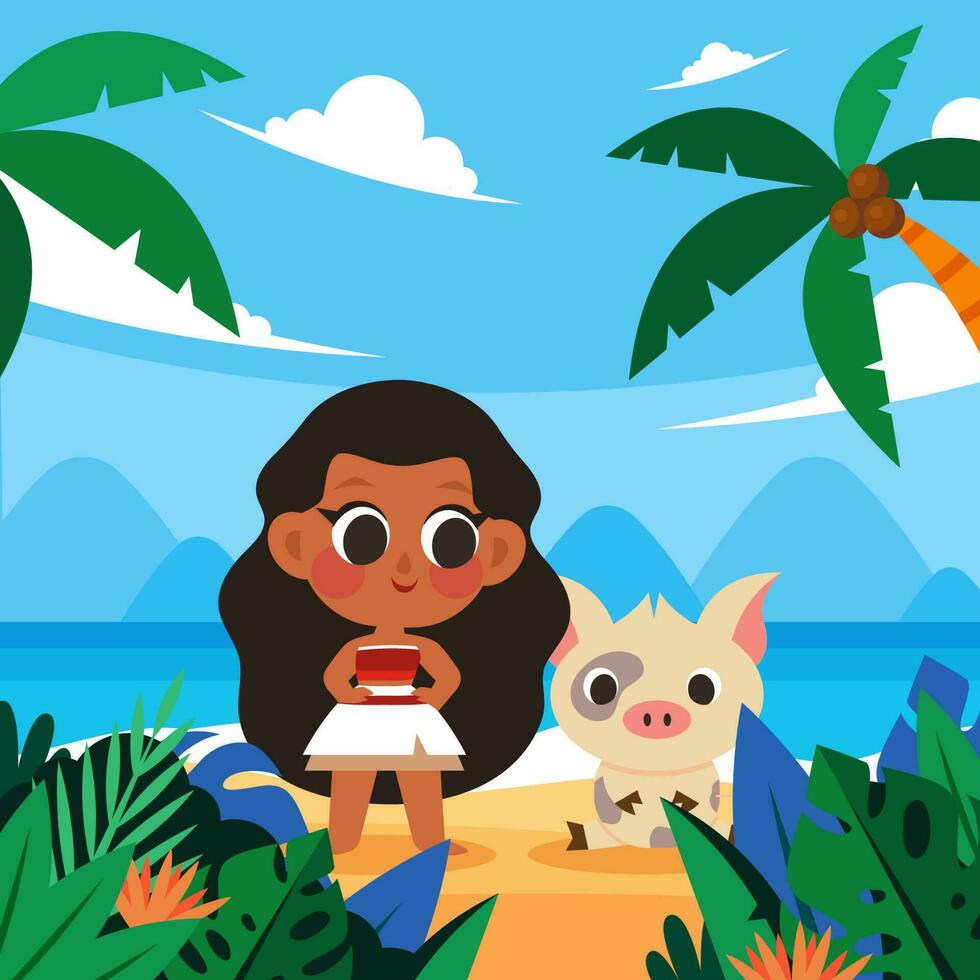 Beautiful Hawaiian Girl and Pig vector