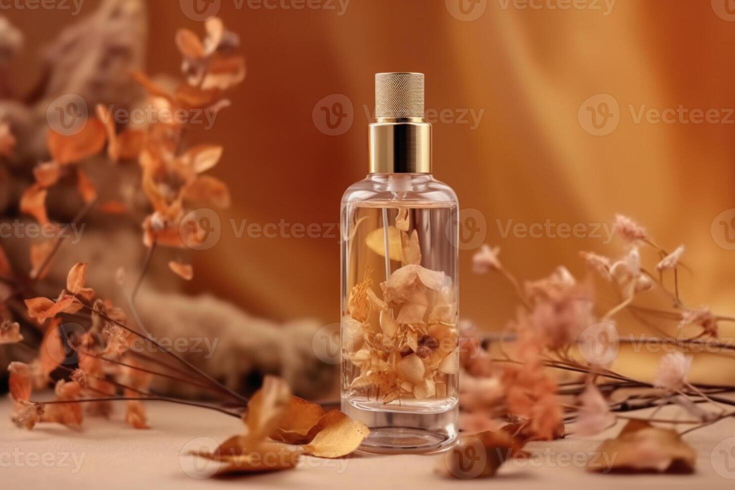 en pie transparente vaso cosmético cuentagotas botella con seco flores y hojas en beige antecedentes. otoño composición. ai generativo foto