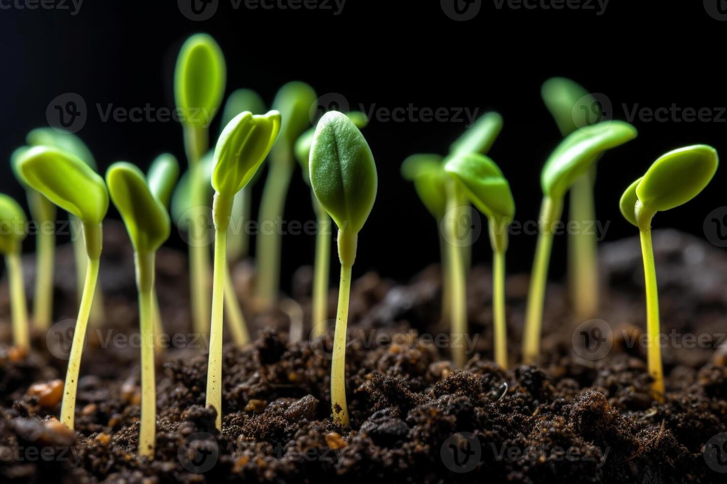 Green sprout seeds started to grow in the fertile soil. photo