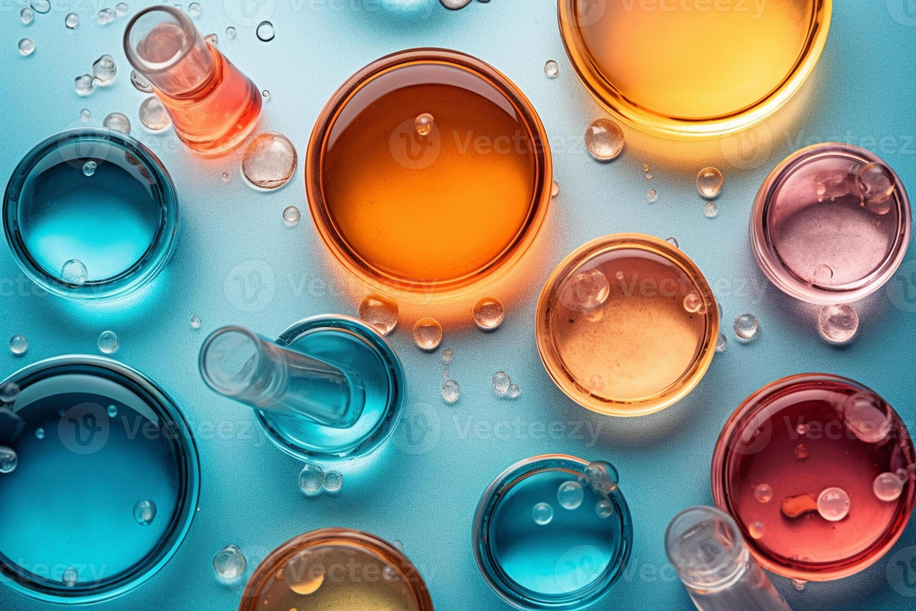 Many laboratory glass petri dishes with water drops, Skin care concept