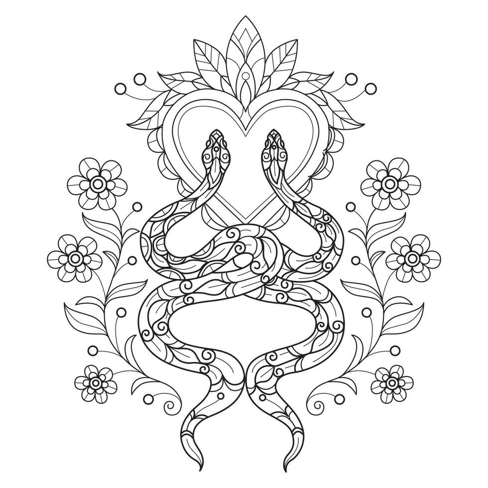 Snake love hand drawn for adult coloring book vector