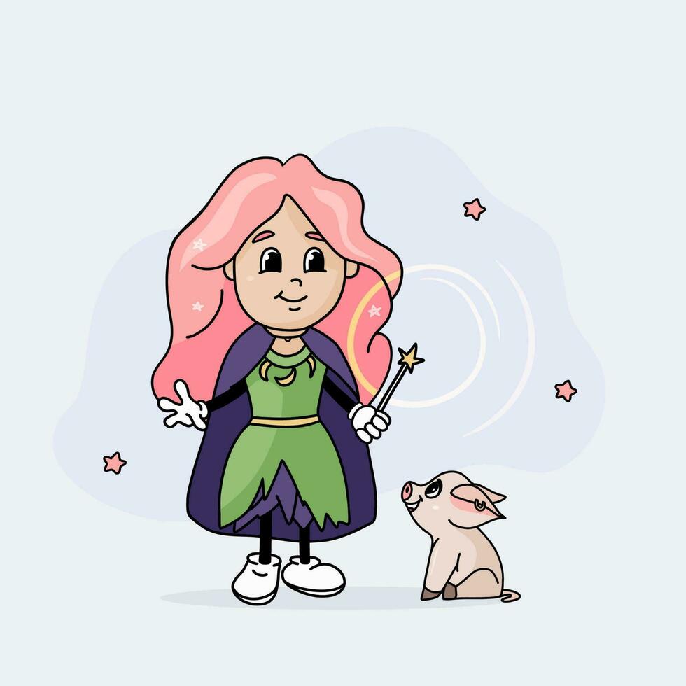 pequeño bruja con rosado pelo y cerdito, encantador niña con bebé cerdo, Víspera de Todos los Santos personaje, vector ilustración