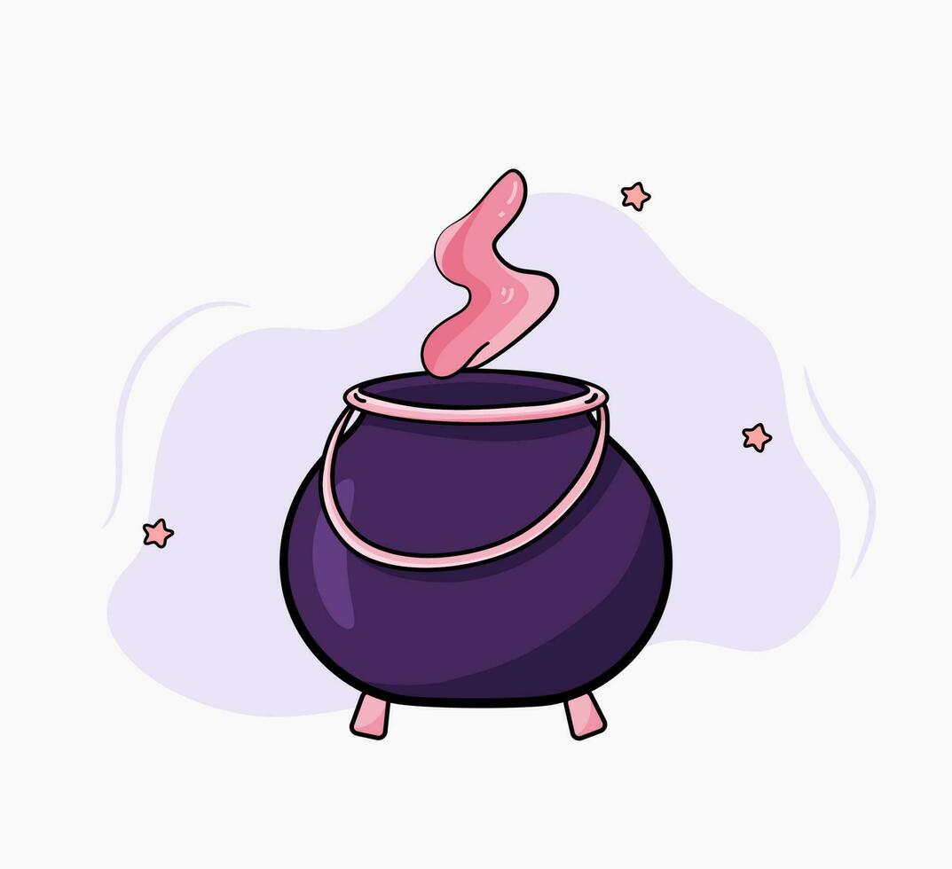 Cartoon Witch cauldron, Halloween pot, Cooking pink potion vector illustration