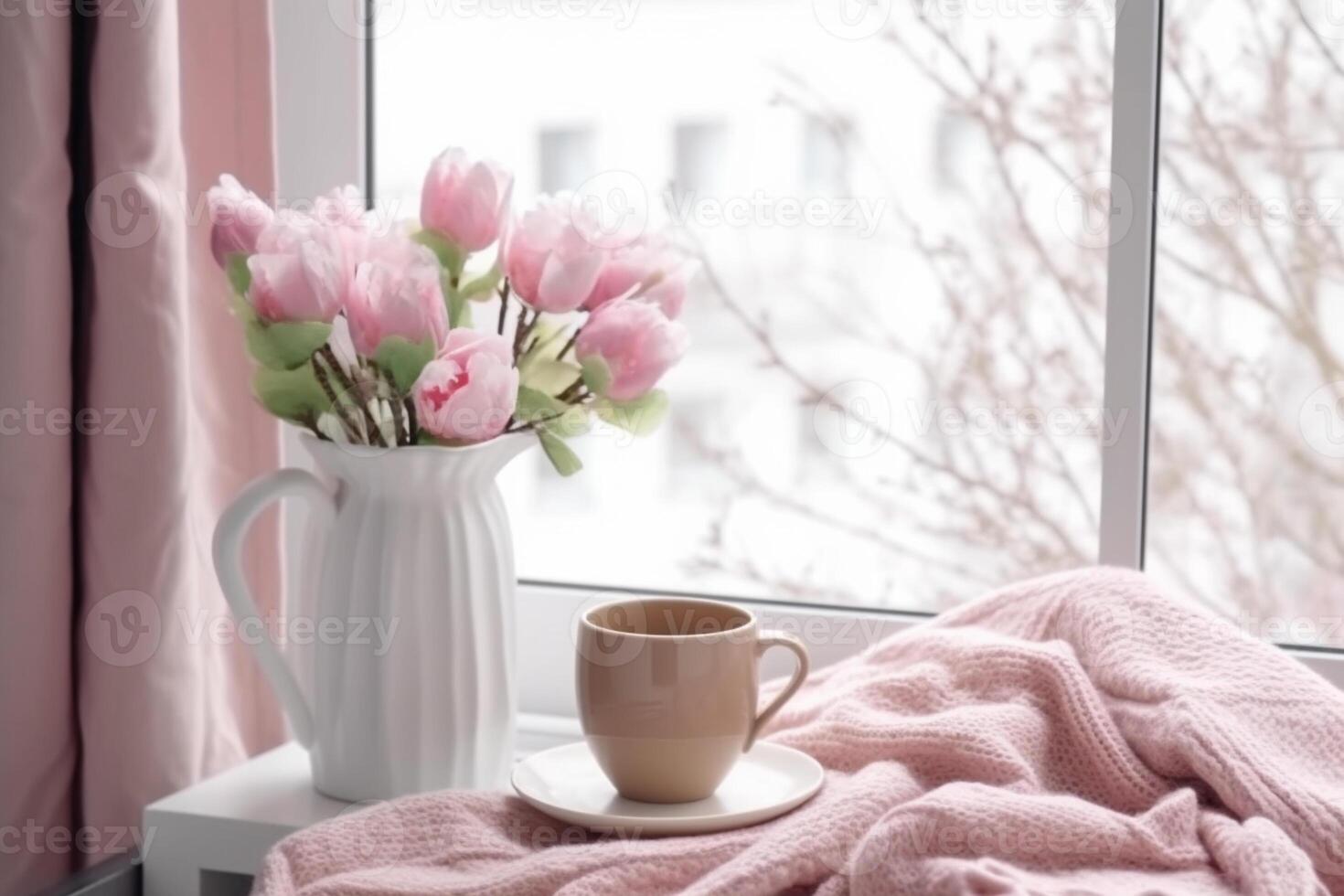 Spring is still alive. Cup of coffee with pink crochet. photo