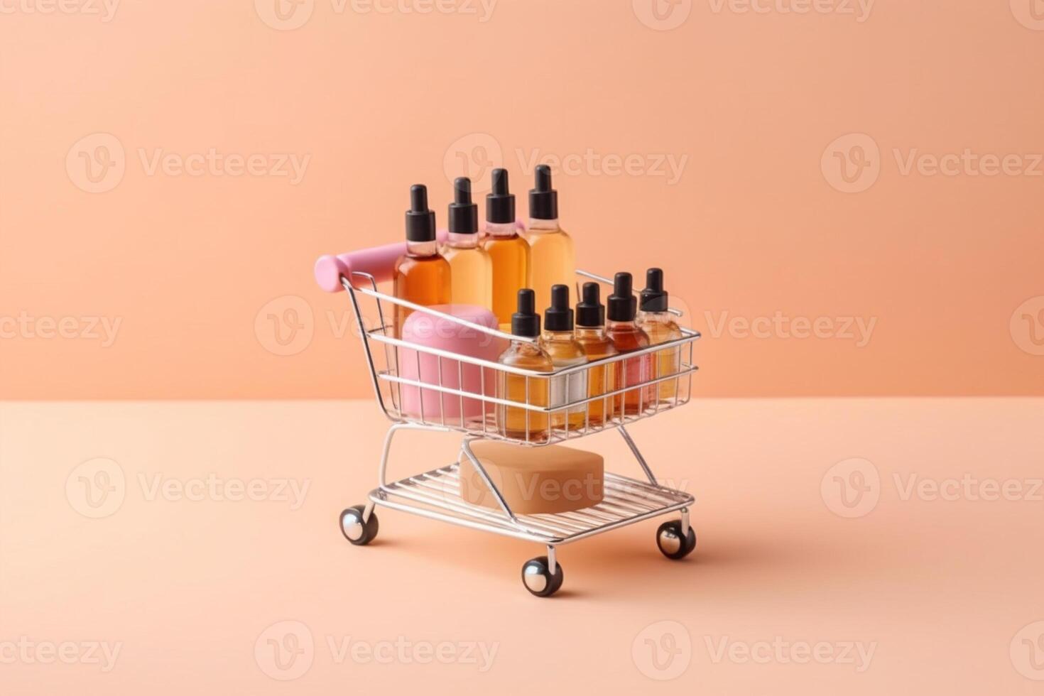 en línea compras minimalista concepto. pequeño carro con cosmético botellas esencial aceite, un mezcla de belleza productos ai generativo foto