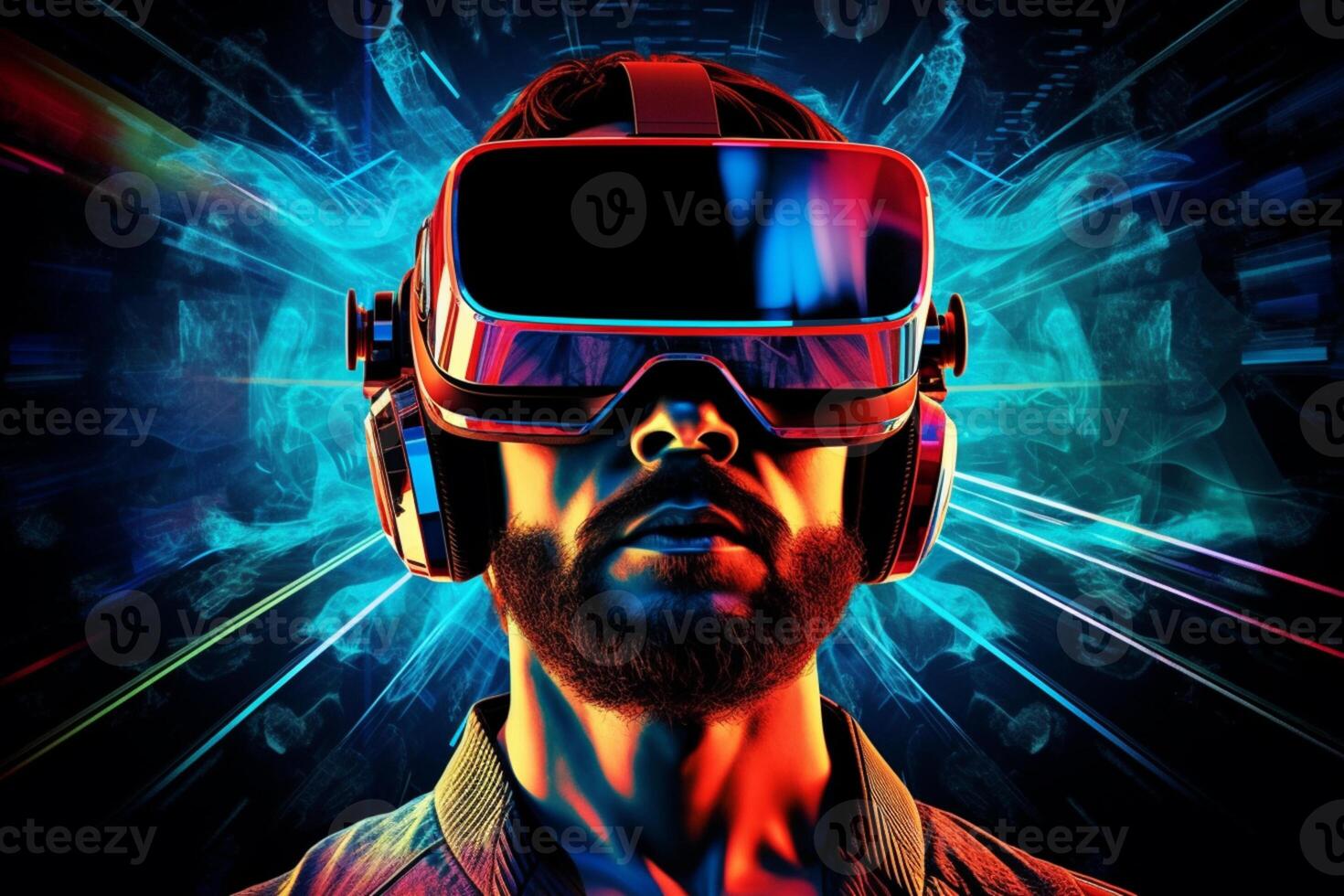 Futuristic virtual headset glasses worn by men with abstract art technology showing metaverse. photo