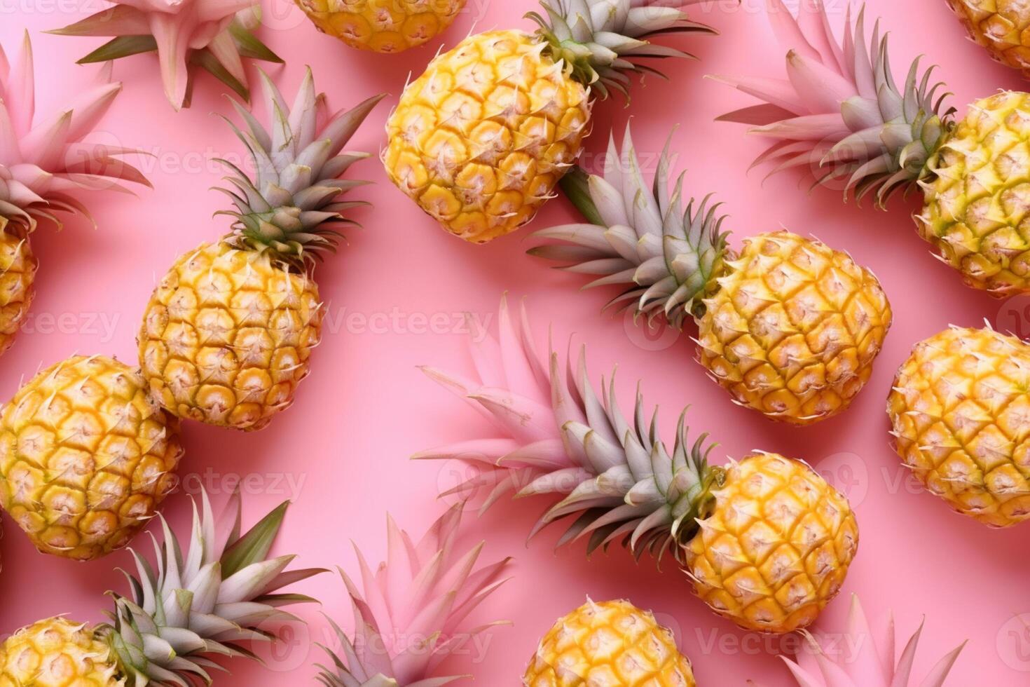 Bright pattern of many pineapples on a trendy soft pink background. Average ripe fruit, photo