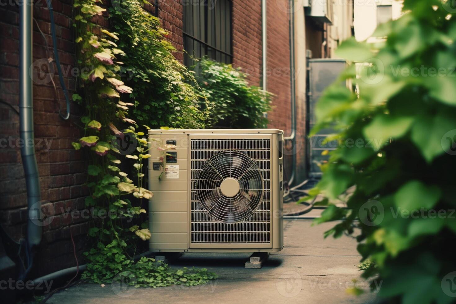 The outdoor AC unit compressor is installed outside the building. photo