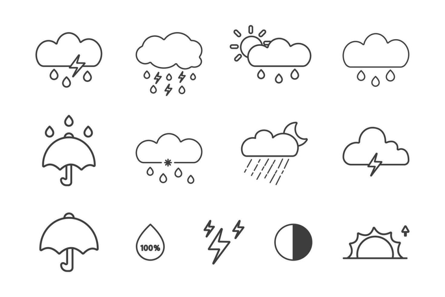 Weather symbol icons by thin black line isolated on white background. vector