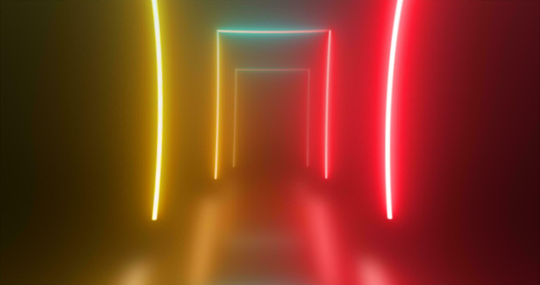 Abstract rectangle tunnel neon yellow red energy glowing from lines background photo