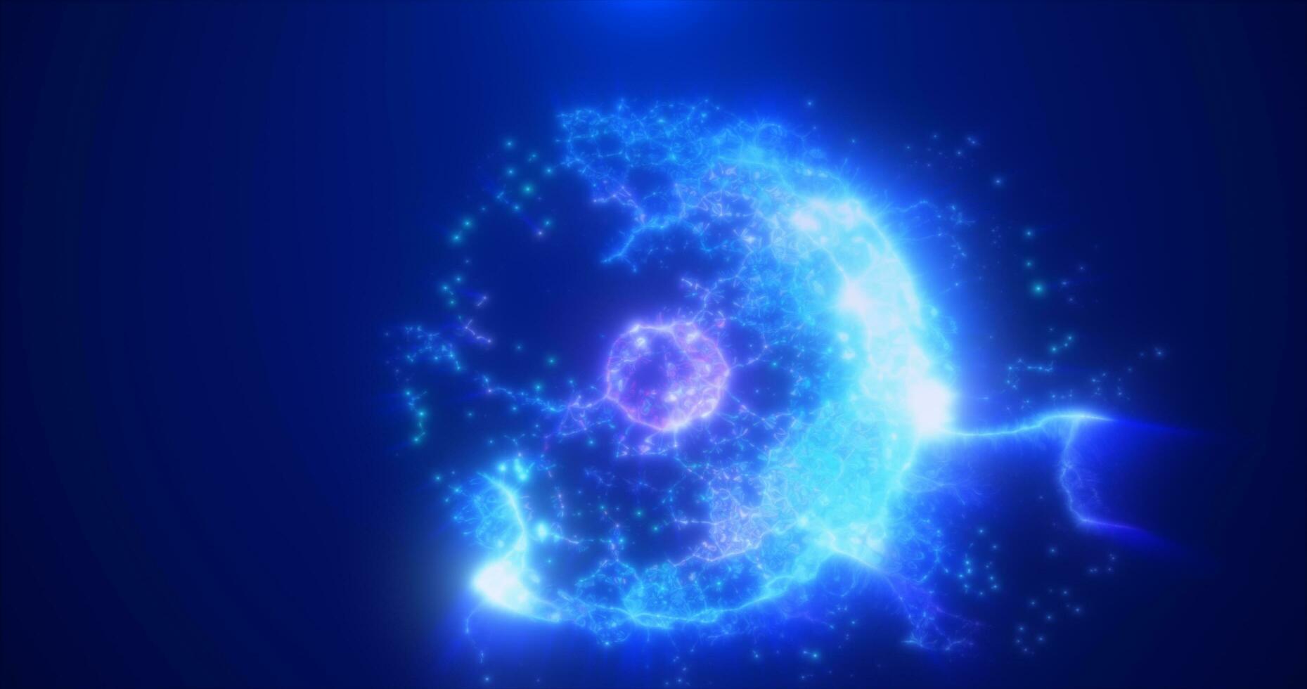Abstract round blue and purple sphere made of flying particles glowing energy scientific futuristic atom molecule hi-tech background photo