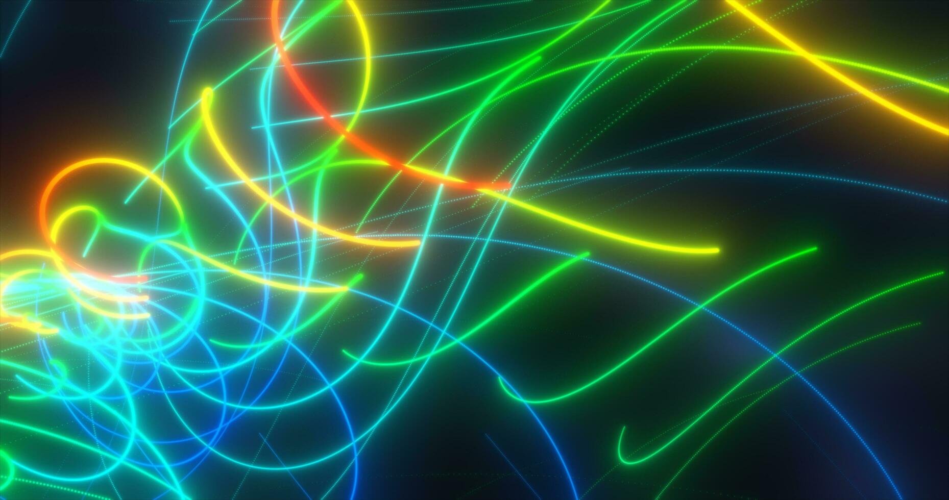 Abstract multi-colored rainbow neon energy laser lines flying on a black background photo