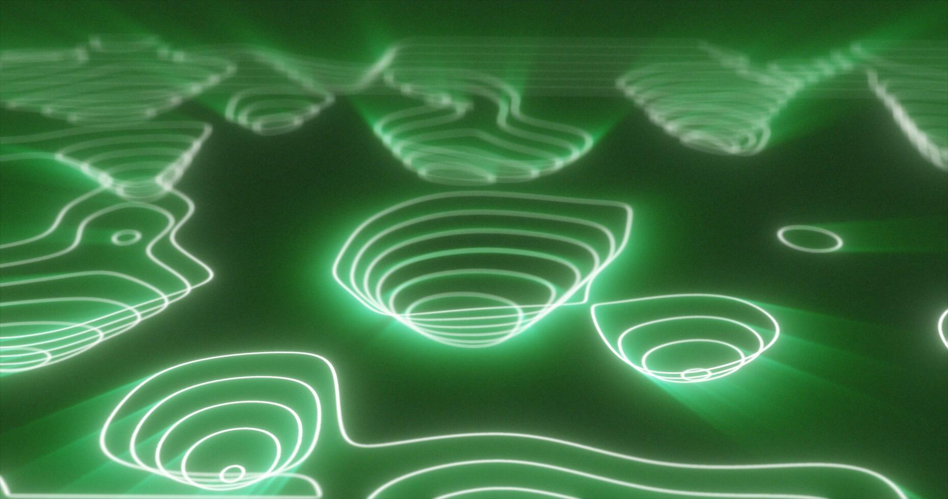 Abstract green futuristic hi-tech landscape with mountains and canyons from glowing energy circles and magic lines background photo