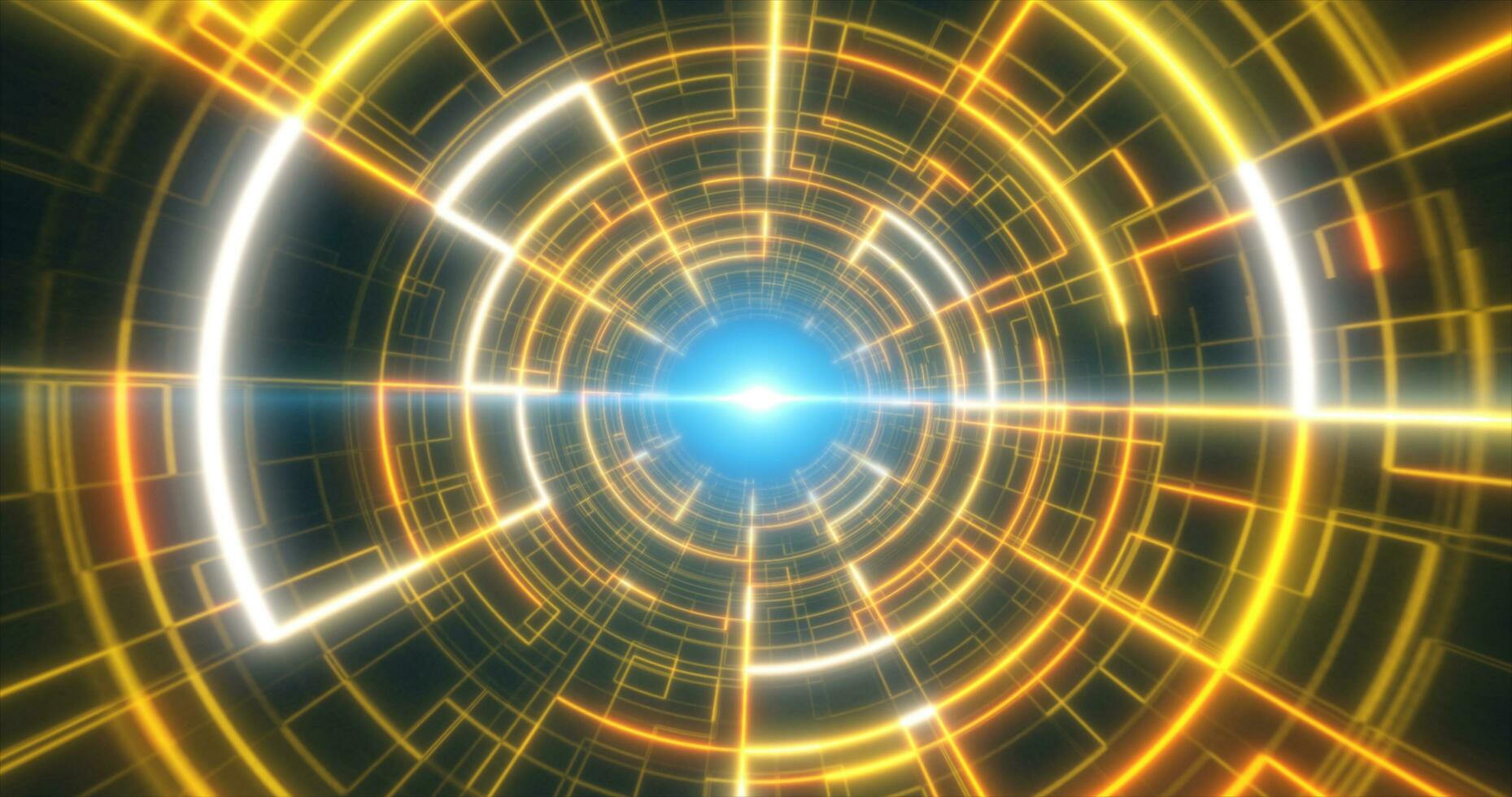 Abstract yellow glowing neon laser tunnel futuristic hi-tech with energy lines, abstract background photo